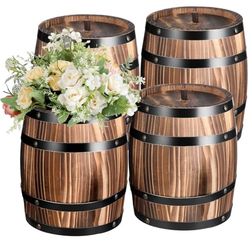 GlikCeil 4 Pcs Wood Wine Barrel Vase Vintage Flower Vase Container Rustic Barrel Planter for Wedding Reception Table Decoration Home Indoor Outdoor Garden Kitchen Party (8 x 6.5 Inch)