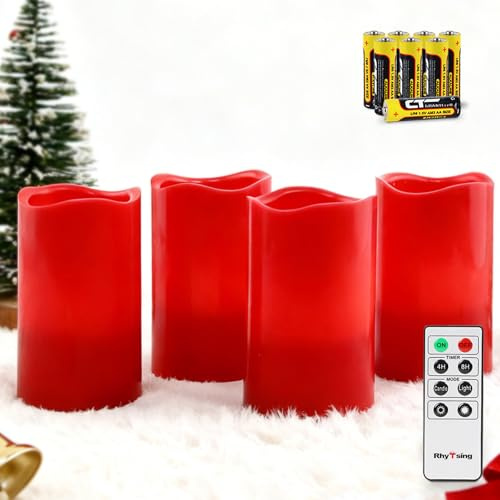 Rhytsing 4er roten Echtwachs-Adventskerzen mit Timerfunktion, Flammenlose LED-Kerzen für Weihnachten Deko, inkl. Fernbedienung & Batterien, Ø 7,5 x H 12,5 cm