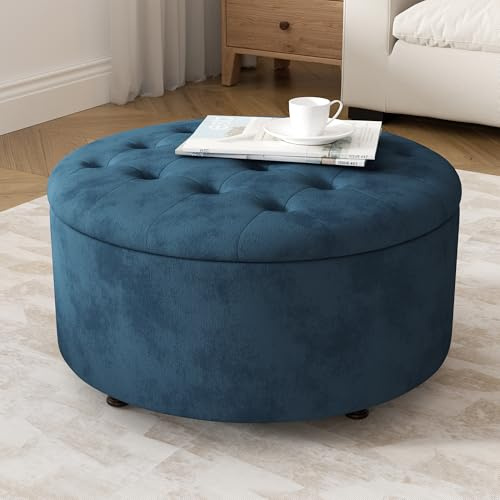 YUUIJOAA 30 Inch Round Storage Ottoman,Modern Blue Tufted Ottomans,Circular Coffee Table with Removable Top,Upholstered Large Ottoman with Storage Footrest Stool for Bedroom Living Room (Blue)
