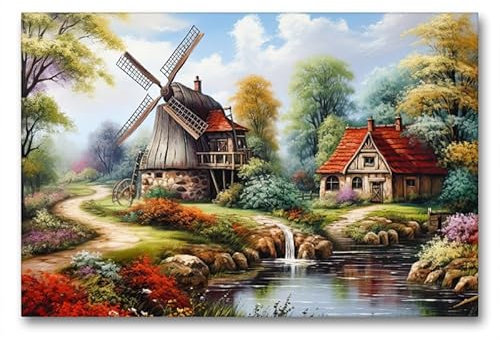 CALVENDO Premium Textil-Leinwand 90 x 60 cm Querformat Windmühle am Bach | Wandbild, HD-Bild auf Keilrahmen, Wanddekoration, Kunstdruck von Sabine Löwer