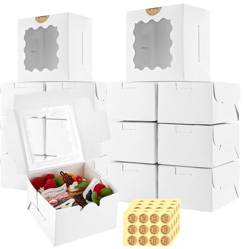 MIVIDE 60 Stück Cupcake Box mit Fenster und 5 Aufklebern, Weiß Bäckerei Boxen mit Fenster 10.2 x 10.2 x 6.7 cm, Cupcake Transportbox für Mini Cookie Macaron Donut Gebäck