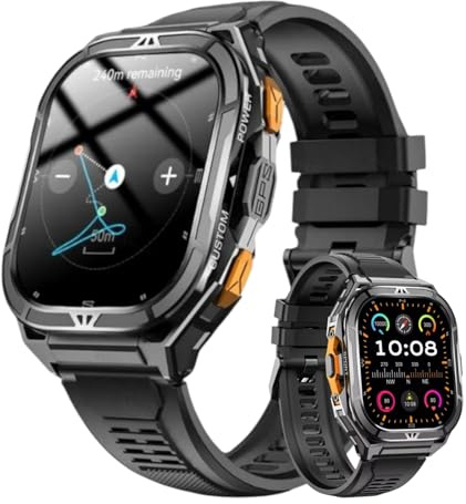 Cretech Smartwatch GPS Montre Connectée Homme - Batterie de 530mAh Étanche IP69, Boussole Altimètre Appel Bluetooth, Fréquence Cardiaque, Écran 1.96 HD AMOLED, Normes Militaires. Android iOS