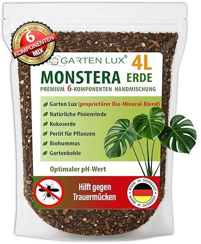 Garten Lux Monstera Terra 4 L senza torba – 6-in‑1 contro le zanzare lutto | substrato Aroid | terra di cocco, perlite, corteccia di pino, biohummus, carbone da giardino + complesso segreto | drenante