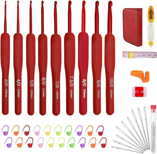 Crochet Tricot Kit Ergonomique 43 Pièces, Set de 9 Crochets avec Poignée Souple, Étui, Marqueuret et Accessoires Complets, Aiguille Crochet Cadeau pour Débutants et Amoureux (Rouge, 2,0-6,0 mm)