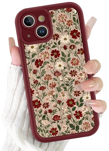 Xylota Coque pour iPhone 13 6,1, Aesthetic Fleurs Motif Étui Filles Femmes Case, Mince Silicone Souple TPU Bumper Housse Antichoc Protection Case Cover pour iPhone 13, Rouge