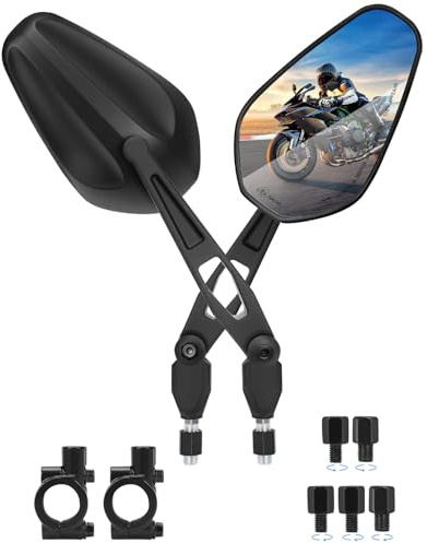 SUPAREE Folding Motorbike Mirrors Motorcycle Mirrors Handlebar Long Stem Motorcycle Mirror E-MARK 360°Adjustable with 7/8 in M8/M10 Threaded Bolts for ATV Cruiser Bike 2 Pack