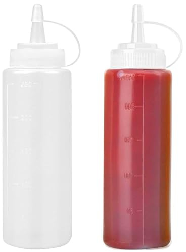 Ezranova 2 Stück Plastik Squeeze Flasche,Plastik Quetschflasche Dosierflasche mit Kappen, Condiment Flaschen für Drip Cake Backen, Saucenflasche,Ketchup, Scharfe Olivenöl,250ML