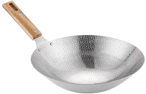 BIUDECO Argento Wok in Acciaio Inox, con Manico in Legno | Design Multiplo, Conduzione Termica Rapida, Resistente All'usura, Facile da Pulire, Uso Cucina Domestica