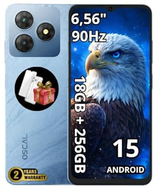 OSCAL FLAT 2 Smartphone, Android 14 (DokeOS 4.0), 18 GB RAM + 256 GB (fino a 2 TB TF), Display 6,56″ HD+ 90 Hz, Fotocamere 13 MP + 8 MP, Batteria 5000 mAh, Dual SIM, Garanzia di 2 anni, Blu Ghiaccio