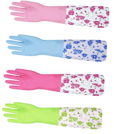 Luxshiny 2 Pair Kitchen Gloves Thickened Rubber Dishwashing Gloves with Flocking Lining and Drawstring Cuff Extended for Home Cleaning and Washing Random Floral Colors Random Color