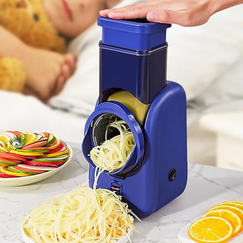 Triturador eléctrico de verduras, rallador giratorio de queso con 4 cuchillas intercambiables, base de succión antideslizante, cortador de alimentos de cocina y picador para frutas, verduras, frutos