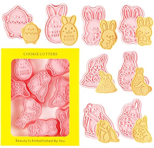 Easter Cookie Cutters Set with Tray - 12PCS Bunny & Chicks Food Grade Plastic Cookie Molds, Baking Tools with Pink Tray, Easter Gift Idea