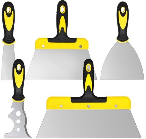 5 Piezas Espatula Masilla, Espátulas de Acero Inoxidable,Con mango de Plástico y Orificio Para Colgar,Ideales Para Quitar Papel Tapiz, Aplicar Masilla, Cemento y Adhesivos (1,5/3/5/8/12 Pulgadas)