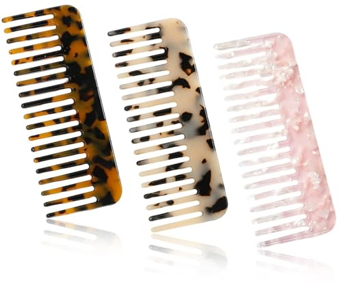 Set 3 Pettine a Denti Larghi in Acetato, Pettine Districante Antistatico e Resistente al Calore per Capelli Ricci, Lunghi e Mossi, Professionale per Donna e Bambini (Beige, Tartarugato, Rosa)
