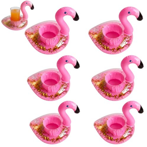 6 Stück Set Getränkehalter Pool Aufblasbarer Flamingo Getränkehalter in Glitzer Pink Schwimmendes Pool Zubehör für Standard Getränkedosen und Flaschen als Poolparty Deko