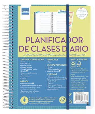 Finocam - Planificador de Clases Diario Docente | Espacio para 8 Clases Diarias | 24 Hojas de Listas y Evaluaciones | Incluye Pegatinas y dos Fundas Transparentes, 4º (155x212mm), MEDIANO | Español