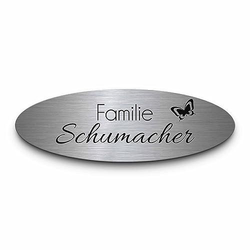 Ovales Türschild aus Edelstahl mit Wunsch Gravur | ideales Namensschild Briefkasten Haustür mit Motiven - gravierte Schilder selbst gestalten | wetterfest | selbstklebend o. zum Bohren