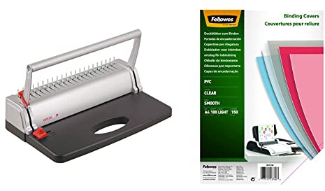 Genie CB 800 Spiralbindegerät, silber/schwarz & Fellowes PVC Deckblatt für Plastikbindung und Drahtbindung - Stärke 150 Mikron - transparent - Format DIN A4 - Packung mit 100 Stück