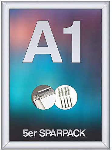 webwarenhaus 5er Set A1 Klapprahmen Aluminium DIN A1 (59,4 x 84,1 cm) – Posterrahmen & Plakatrahmen mit Klappmechanismus, entspiegelte Schutzfolie, Wandmontage für Innen & Außen