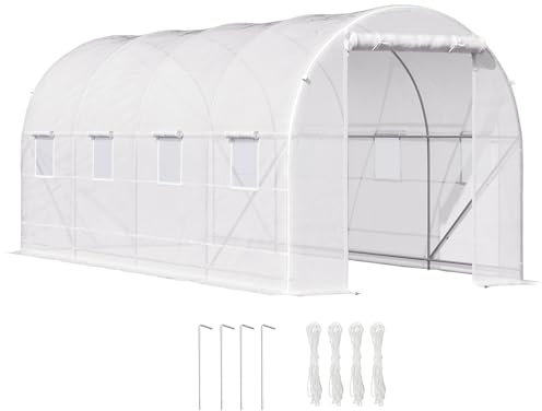 Outsunny Serra per Orto con 8 Finestre e Porta Avvolgibile, Serra da Giardino a Tunnel, Serra per Piante con Struttura in Metallo e Telo in Polietilene, 5x2x2m, Bianco