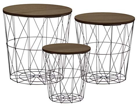 Spetebo Metall Beistelltisch mit Stauraum schwarz - 3er Set/dunkle Tischplatten - Wohnzimmer Tisch mit Abnehmbarer Holz Platte Metallkorb Sofatisch Couchtisch