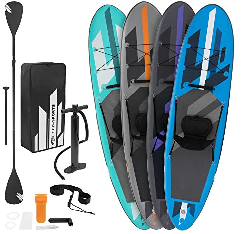 ECD Germany Aufblasbares Stand Up Paddle Board Set mit Kajak Sitz, Schwarz/Blau/Türkis/Grau-Orange, 320x82x15 cm, PVC, Alu-Paddel, Komplettes Zubehör, SUP Board Paddling Board Paddelboard Surfboard
