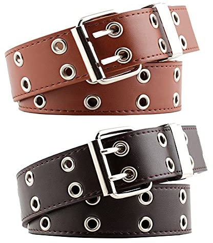 Vobozeany Vobony 2 Stück Nietengürtel Doppelloch mit Leder für Damen und Herren Mode Punk Gürtel Hip Hop Glattleder Hosengürtel Breiter Gürtel