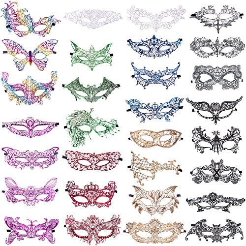 SIQUK 30 Stück Venezianische Maske Damen Spitze Augenmaske Maskenball Masken für Party Abend Ball Abschlussball Ballette, 9 Farben