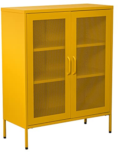 DRW Schrank mit 2 Türen mit Metallgitter in Gelb, 80 x 35 x 102 cm, Höhe: 15,5 cm, estandar