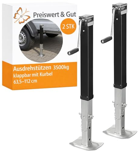 Preiswert&Gut 2x Anhängerstützen 63,5-112 cm bis 3500kg – Ausdrehstütze verzinkt mit Handkurbel, inkl. Sicherungsbolzen – Kurbelstütze Wohnmobil & Wohnwagenstützen Anhänger Stützen auch fürs Wohnmobil