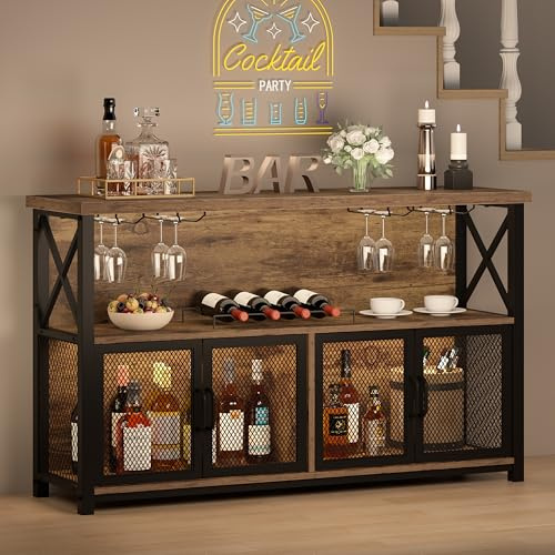 LVB Industrial Coffee Bar Cabinet, Farmhouse Wine Bar Cabinet for Liquor and Glasses, Metal Wood Sideboard Buffet Liquor Cabinets and Wine Rack with Storage for Home Dining Kitchen, Rustic Brown,120cm