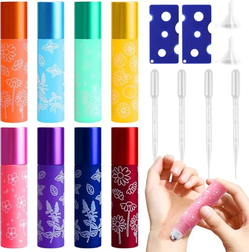 8 pcs Vide pour Huiles Essentielles, Bouteilles Flacons Vide 10 ml en Verre, Rechargeable Huile Essentielle avec 2 Ouvre-boîtes, 4 Compte-gouttes et 2 Entonnoir