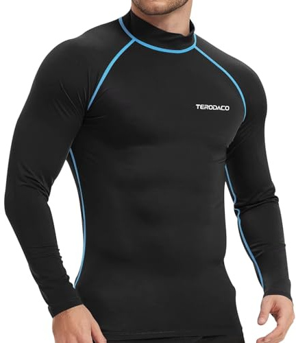 TERODACO Rash Vest Mens Long Sleeve Swimming Shirts for Men UV Sun Protection Compression Wetsuit Top Mens Diving Surfing Rash Guard Base Layer,Fast Dry Stretchy Breathable 226 Black Blue S