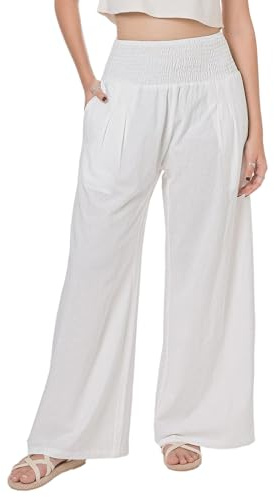 Lofbaz dam sommar flödande bomull linne palazzo breda byxor strand hög midja byxor boho långa loungebyxor med fickor, Vit, XXL plus size