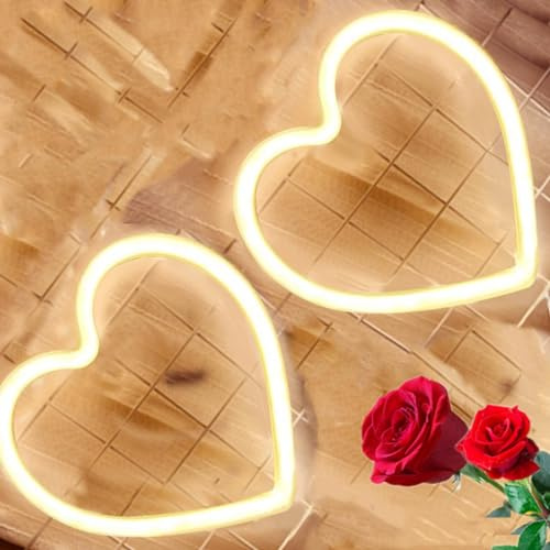 Heart Led Sign 2 st, batteridriven Alla hjärtans dag kärlek hjärta neonlampa för bröllop flicka kvinnor rum väggdekor (varm vit)