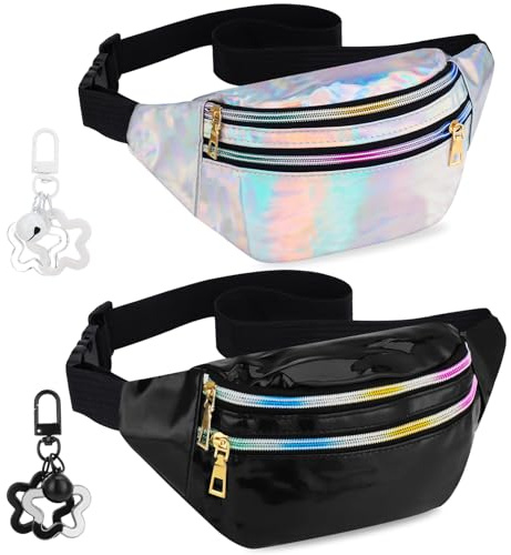 Halinuia 2 Stücke Gürteltasche Damen, Glitzer Bauchtasche, Schwarz, Silber | Wasserdicht Sporttasche Mädchen, Mode Hüfttasche, mit Stern Schlüsselanhänger, für Reiten Radfahren Laufen Camping Sport
