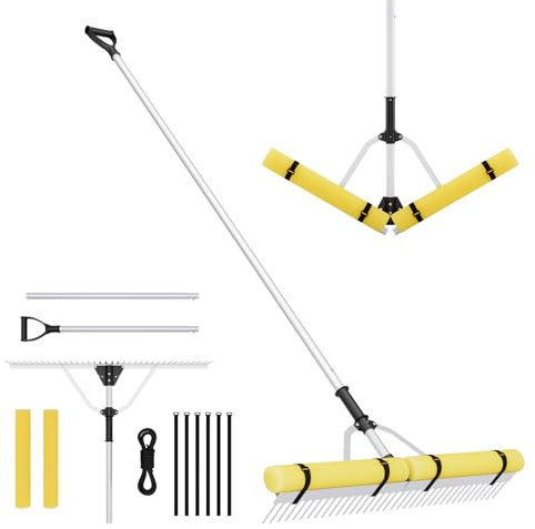 COSTWAY Rastrillo Flotante para Malezas, 36 Dientes de Aluminio Plegable, Mango Ajustable 230x92cm, Cuerda para Lanzar de 600cm, Flotador de Espuma, Rastrillo Jardin, Tierra/Agua