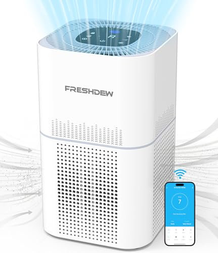 FRESHDEW Purificatore d'Aria, Filtro HEPA H13 Contro, CADR 300m³/h, Copre fino a 100m2, 24dB Modalità di Sonno, Controllo Vocale e Telecomando APP, Bianco