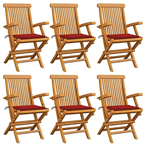 CIADAZ Gartenstühle mit Roten Kissen, Gartenmöbel, Balkonstühle, Hochlehner, Balkonmöbel, Bistrostuhl, Garten Stühle, Sit Möbel, Armlehnenstuhl, 6 Stk. Massivholz Teak