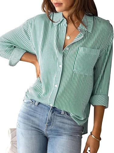 SHEKINI Donna Casual V-Colletto Lunghe Manicotto Camicia a Righe Vintage Classica Camicetta Tasche sul Petto Lavoro Eleganti Ufficio Tasca Blusa