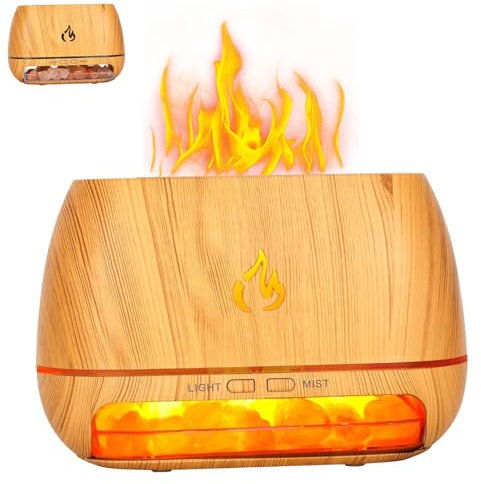 Difusor de lámpara de Sal del Himalaya 3 en 1 200ml Difusor de Aceite Esencial ultrasónico Simulación Flame Humidificador Difusor de Aroma de Grano de Grano de Madera de luz Colorida de mistón