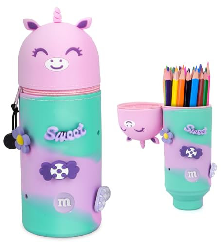MOWETOO Kawaii Federmäppchen, Reißverschluss, Silikon, 2 in 1 Schlampermäppchen Ständer up Stifteköcher, Cartoon Tischstifthalter, Einziehbare, für Schülerin Teenager