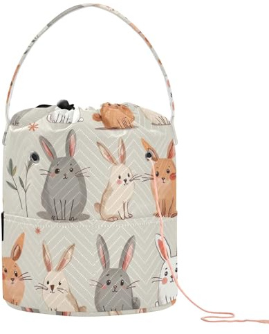 Häkeltasche mit Hasen-Motiv, klein, für Strickprojekte, für Garne, Beige