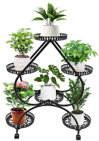 SanBouSi 4 Etagen Metall Blumenständer Pflanzenständer, Mobil Blumentreppe Herzform Pflanzenregal Blumenregal mit Rädern Pflanzentreppe für Indoor Balkon Boden, Schwarz