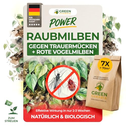 GREEN GUARDIA Power Hypoaspis miles Raubmilben gegen Trauermücken & Rote Vogelmilben – Streuware - Umweltfreundliches Mittel zur effektiven Schädlingsbekämpfung – (7x Tüten für 70m²)