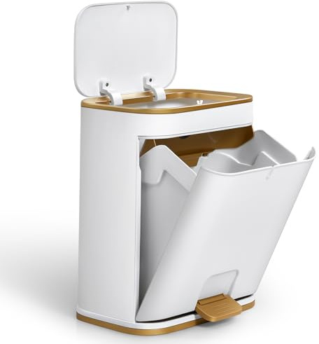 Warmiehomy Pedal Bins 12L Trash Can with Lid Double Open Detachable Small Waste Bin Plastic Recycle Rubbish Bin with Fixing Hole Garbage Bin for Kitchen Bathroom Bedroom Office, Gold