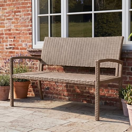 Amopatio Gartenbank Wetterfest, Polyrattan Sitzbank UV-beständig, Gartenmöbel Terrassenbank mit Rückenlehne bis 320kg für 2 Personen Garten, Balkon, Terrasse, 122x60x87cm, Beige