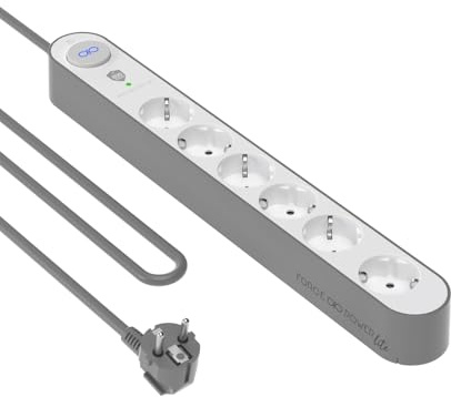 Force Power Lite F152435 - Regleta 6 Tomas Europeas, garantía de por Vida, enchufes con Proteccion sobretensión 800 Julios, con LED indicador, Seguridad Infantil, Interruptor, Cable 1,5m, Blanco/Gris