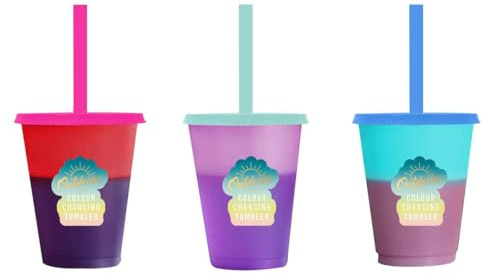 YöL Pack of 3 Colour Changing Tumblers 450ml Lid Straw Summer Picnic Reusable Cup Outdoor Kids Iced Coffee Drinks