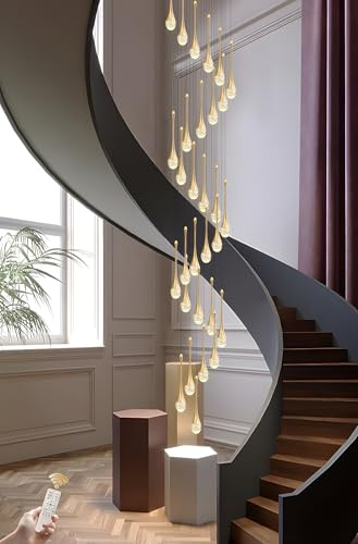 Treppe Pendelleuchten, LED Dimmbarer Kronleuchter, Treppenhaus Pendellampe, Gold Regentropfen Kristall Lampe, Höhenverstellbarer Wohnzimmer Pendelleuchte, Kronleuchter Für Foyer, Eingang, Villa(30 hea